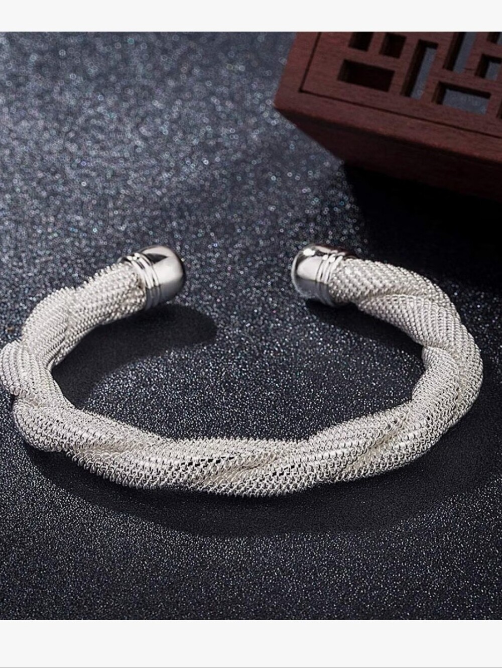 925 Sterling Silver Plated Adjustable Mesh Twisted Cuff Bangle Bracelet